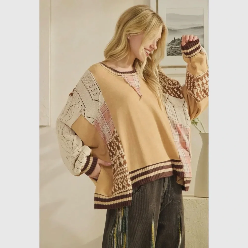 Oli & Hali Patchwork Beige Cream and Brown Knit Pullover